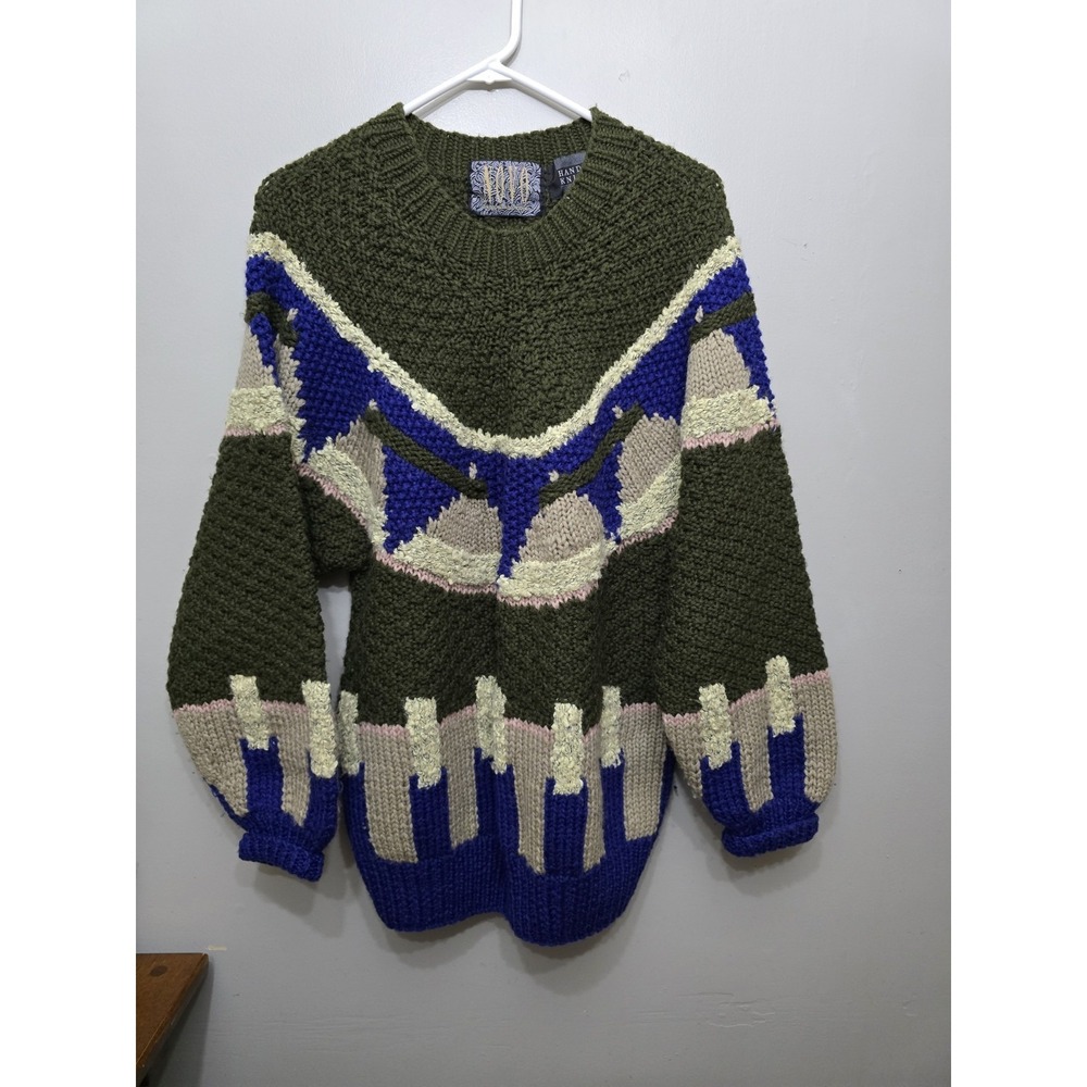 Vintage Novo Hand Knit Wool Blend Sweater Geometric Chunky Olive Blue Large